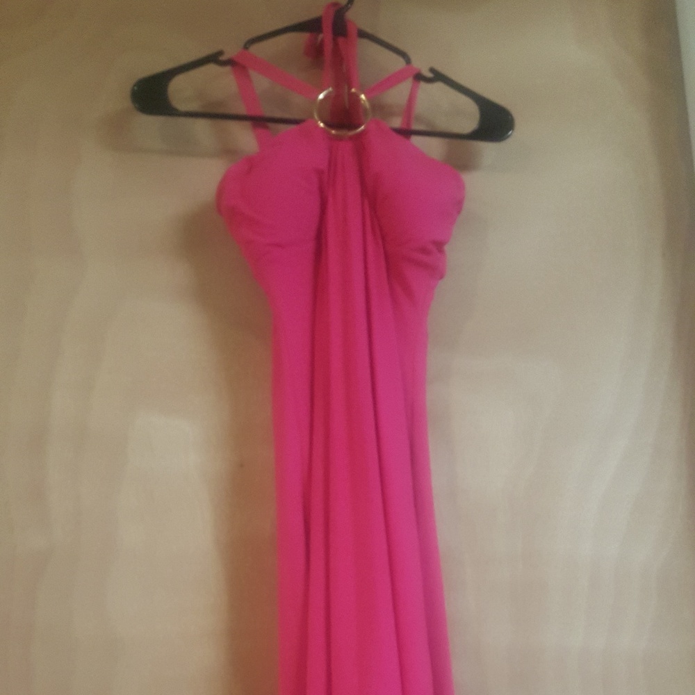 NWOT / CACHE fuschia halter dress w/ gold detail